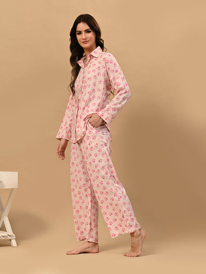 Women Shirt & Pyjama set Pink Printed