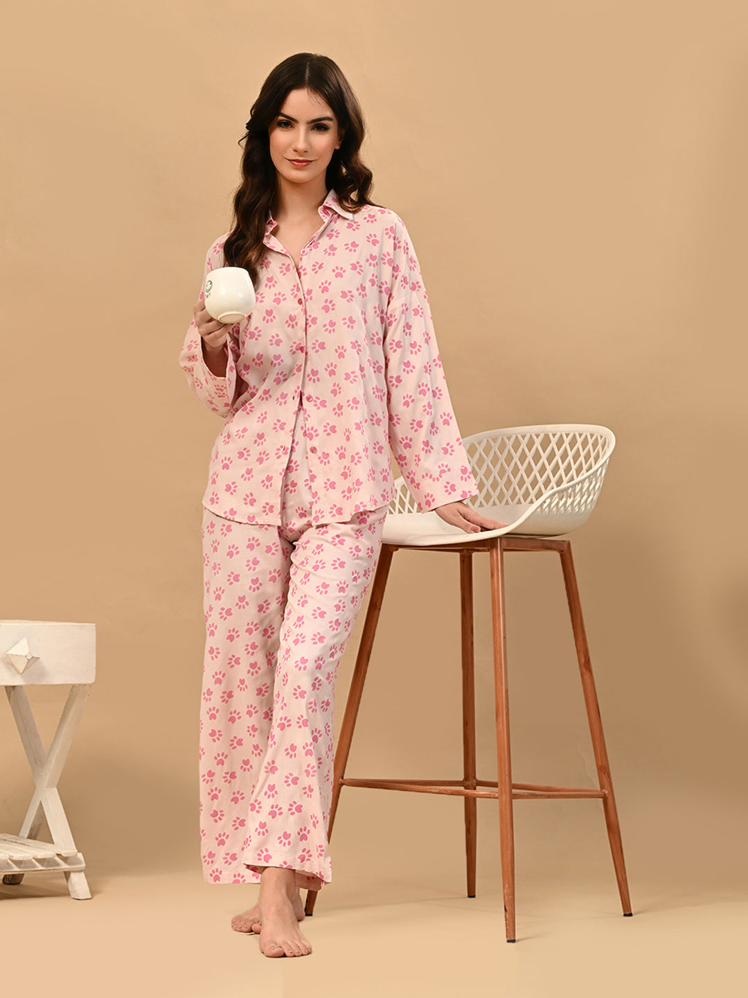 Women Shirt & Pyjama set Pink Printed