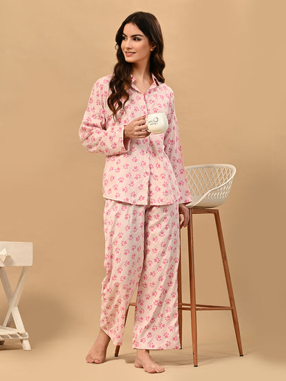 Women Shirt & Pyjama set Pink Printed