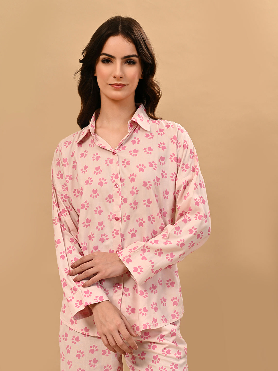 Women Shirt & Pyjama set Pink Printed