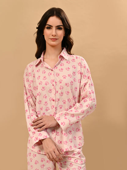 Women Shirt & Pyjama set Pink Printed