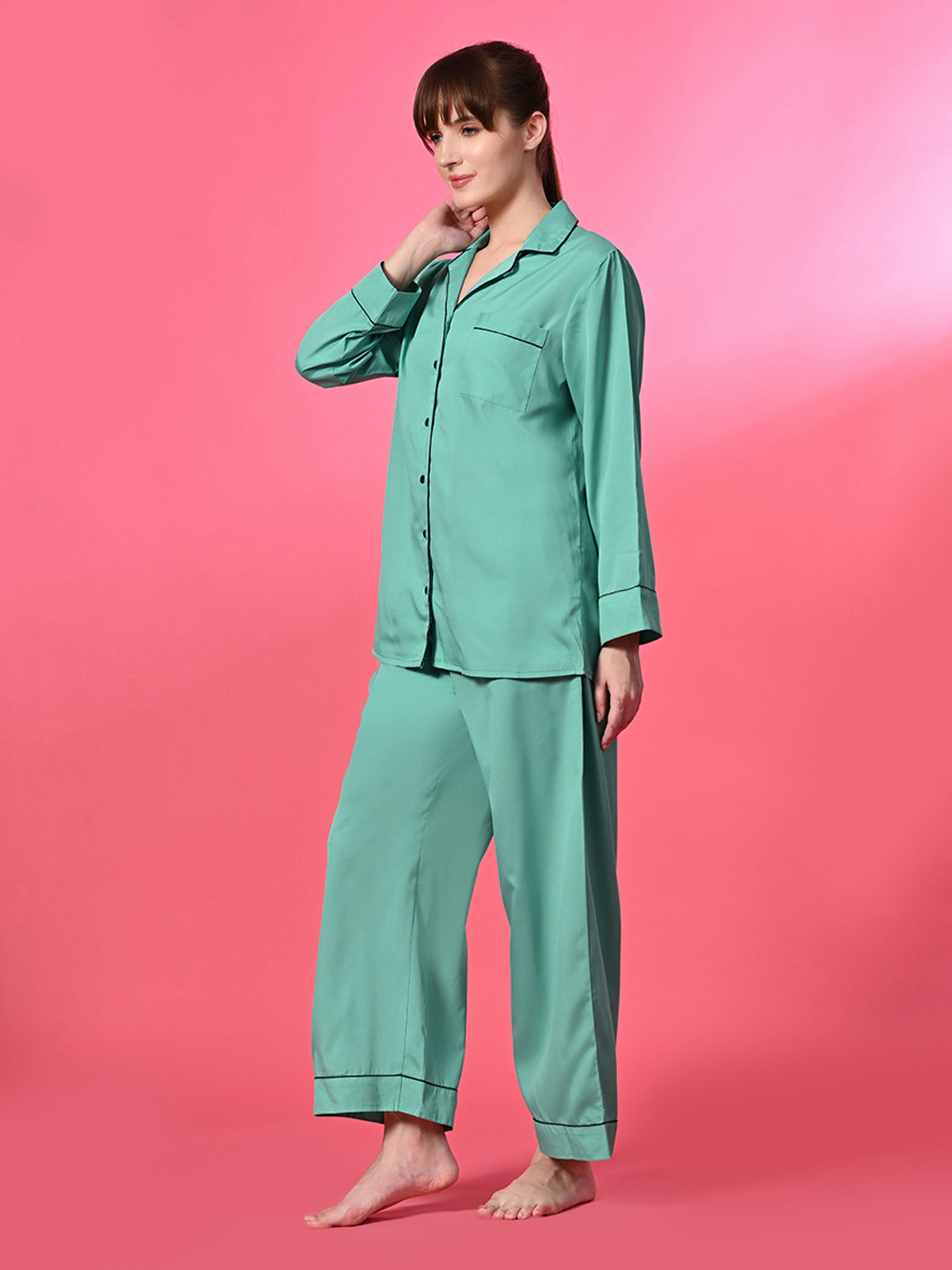 Women Shirt & Pyjama set Green Solid