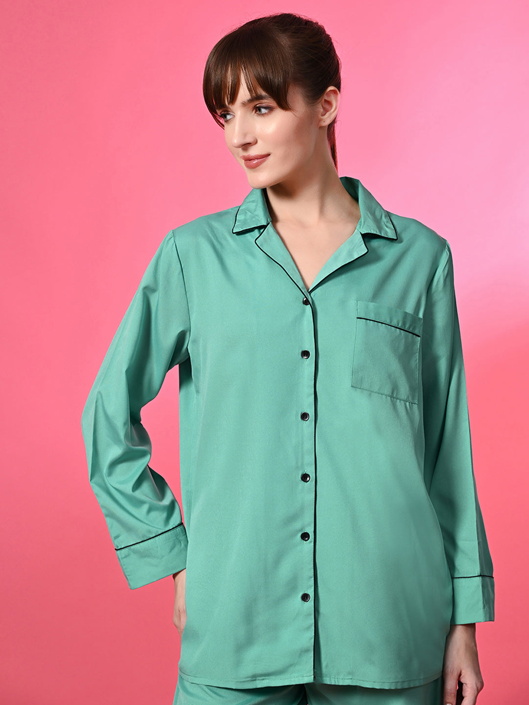 Women Shirt & Pyjama set Green Solid
