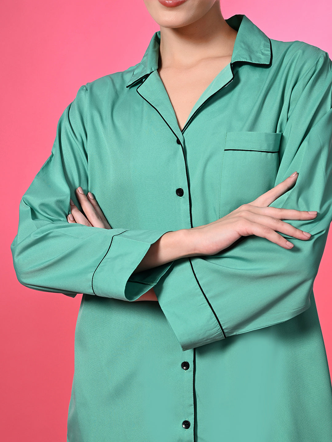 Women Shirt & Pyjama set Green Solid