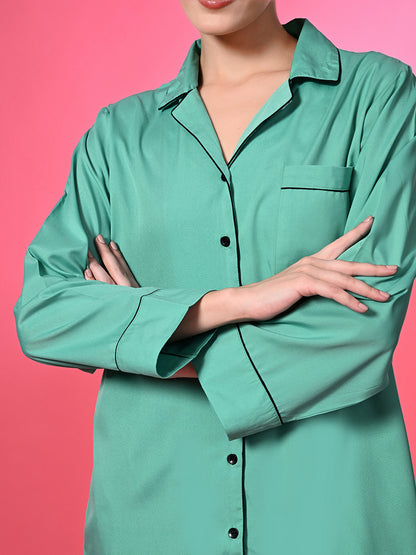 Women Shirt & Pyjama set Green Solid