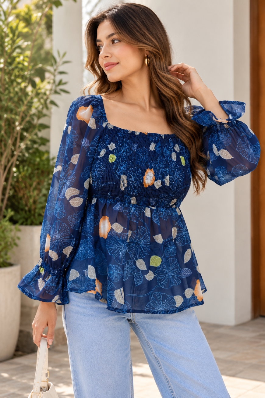 Party Puff Sleeves Polka Print Women Blue Top