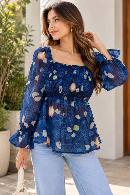 Party Puff Sleeves Polka Print Women Blue Top
