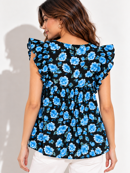 Party Flutter Sleeves Floral Print Women Black Top