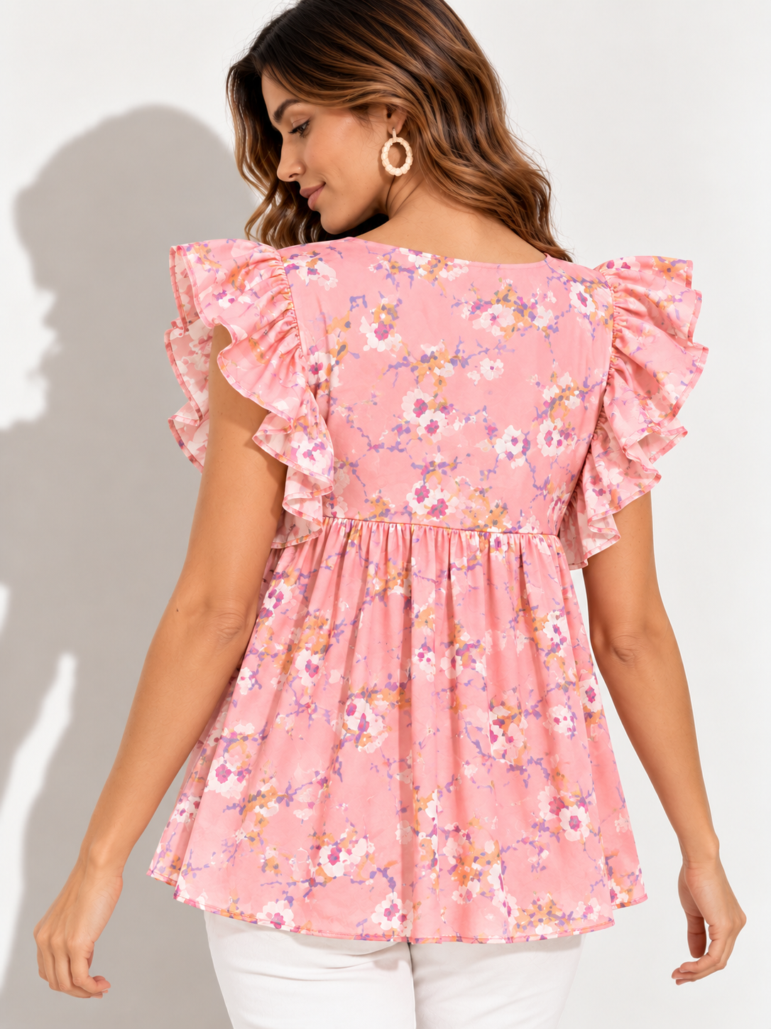 Party Flutter Sleeves Floral Print Women Pink Top
