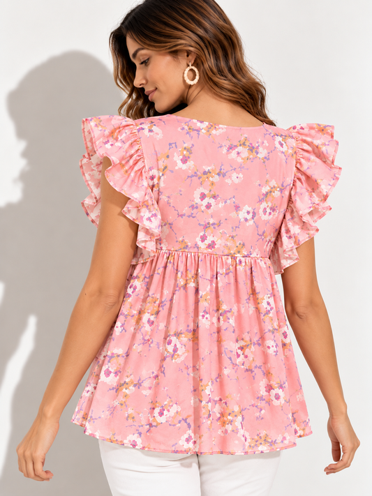 Women's Pink Floral Ruffle Top