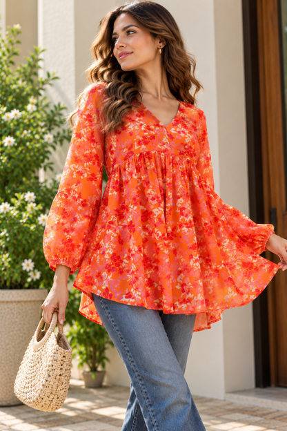 Party Bishop Sleeve Floral Print Women Orange Top