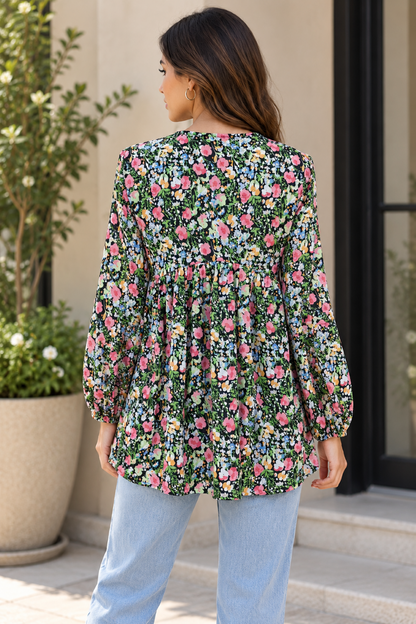 Party Bishop Sleeve Floral Print Women Black Top