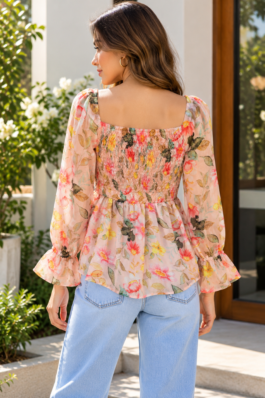 Party Puff Sleeves Floral Print Women Pink Top