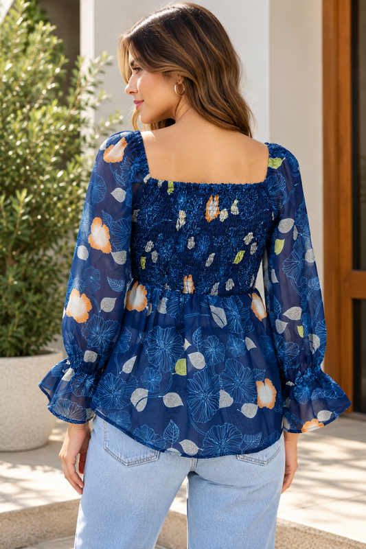 Women's Navy Floral Peplum Top