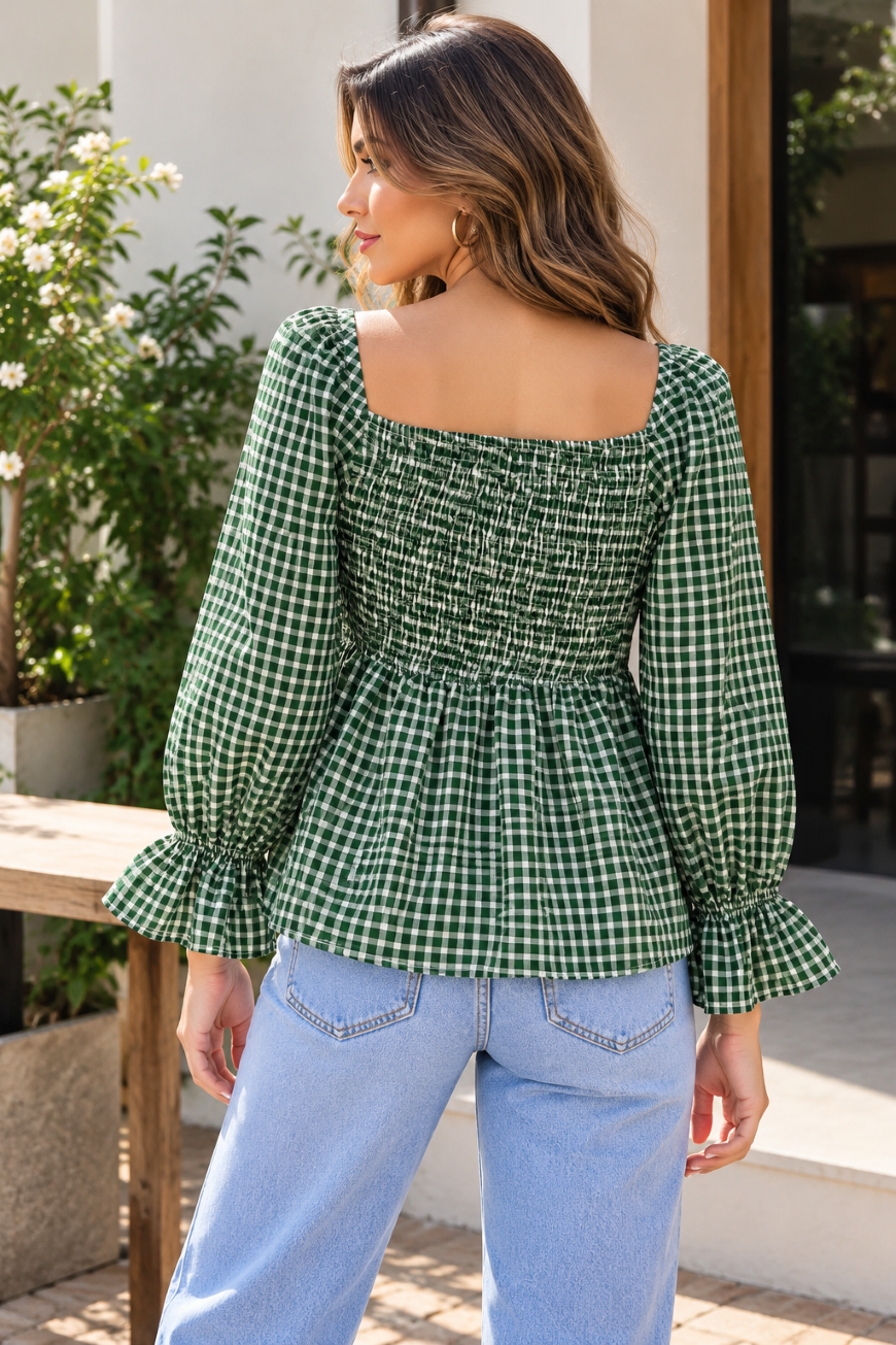 Party Puff Sleeves Checkered Women Green Top