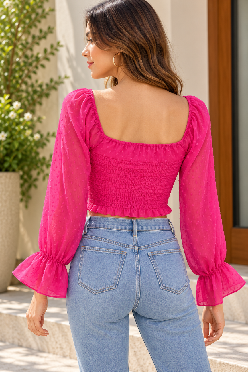 Party Balloon Sleeve Solid Women Pink Top