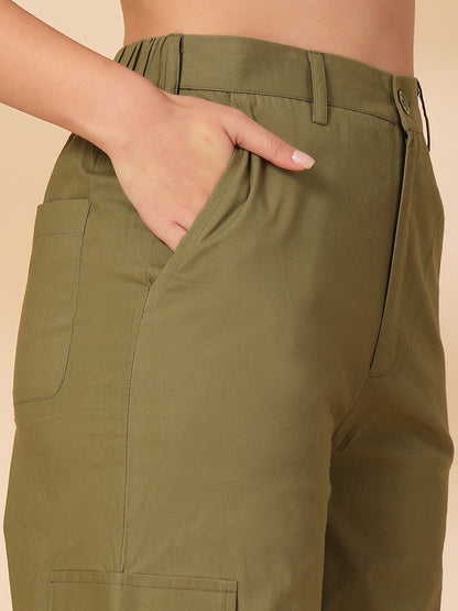 Women Regular Fit Green Pure Cotton Trousers