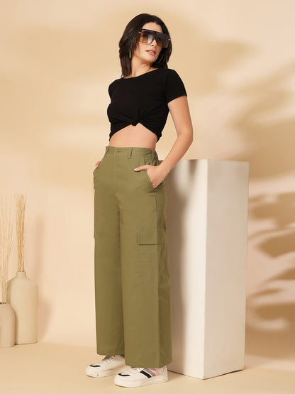 Women Regular Fit Green Pure Cotton Trousers
