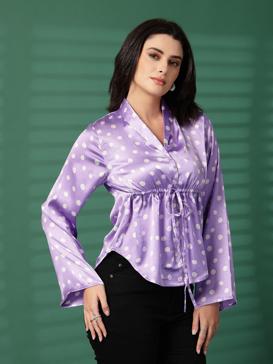 Party Bell Sleeves Printed Women Purple Top
