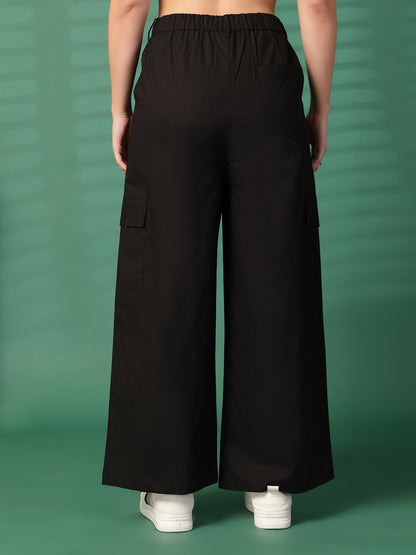 Women Regular Fit Black Pure Cotton Trousers