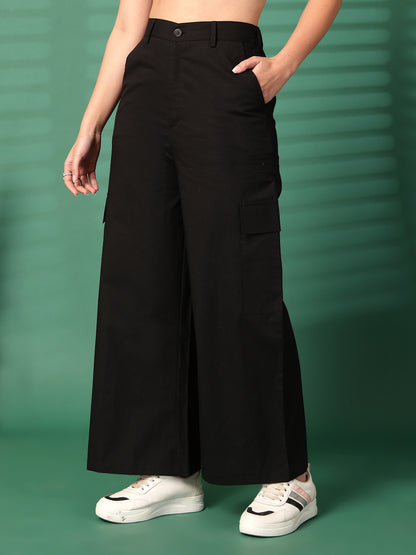 Women Regular Fit Black Pure Cotton Trousers