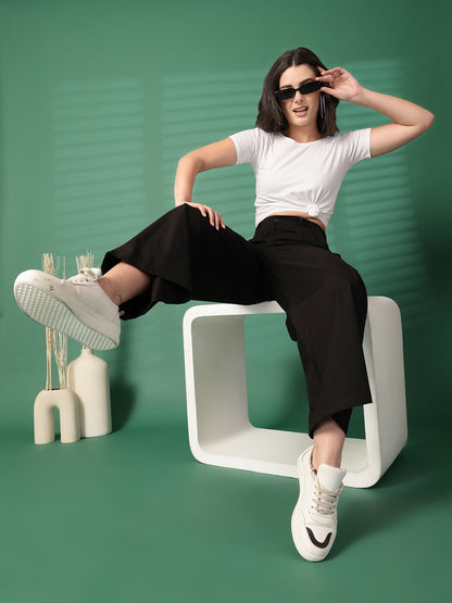 Women Regular Fit Black Pure Cotton Trousers