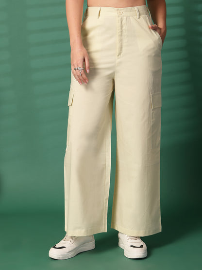 Women Regular Fit Cream Pure Cotton Trousers