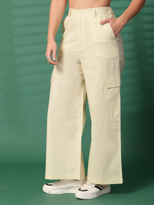 Women Regular Fit Cream Pure Cotton Trousers