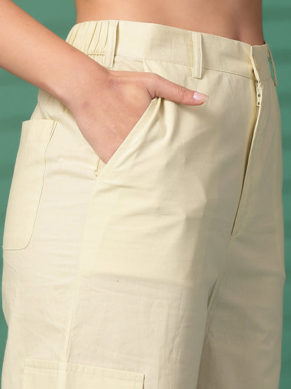 Women Regular Fit Cream Pure Cotton Trousers