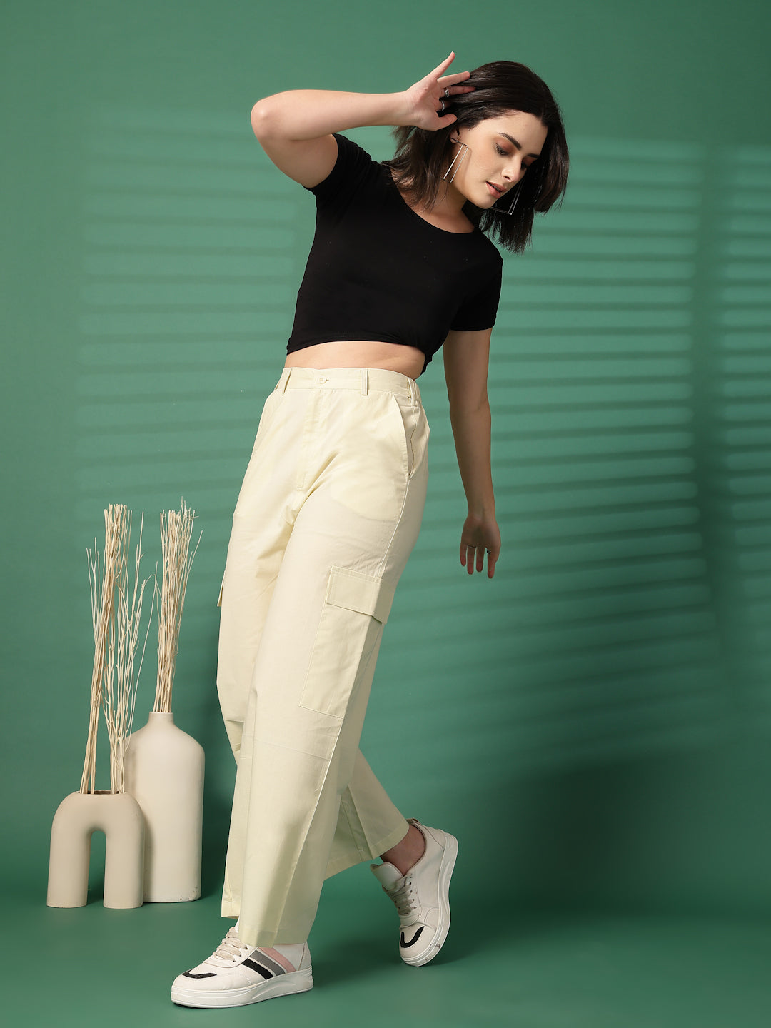 Women Regular Fit Cream Pure Cotton Trousers