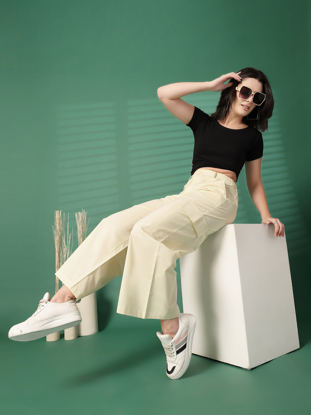 Women Regular Fit Cream Pure Cotton Trousers