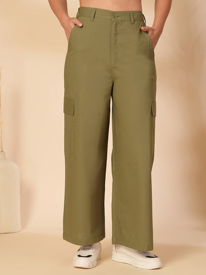 Women Regular Fit Green Pure Cotton Trousers