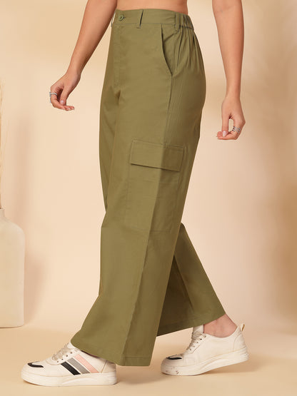 Women Regular Fit Green Pure Cotton Trousers