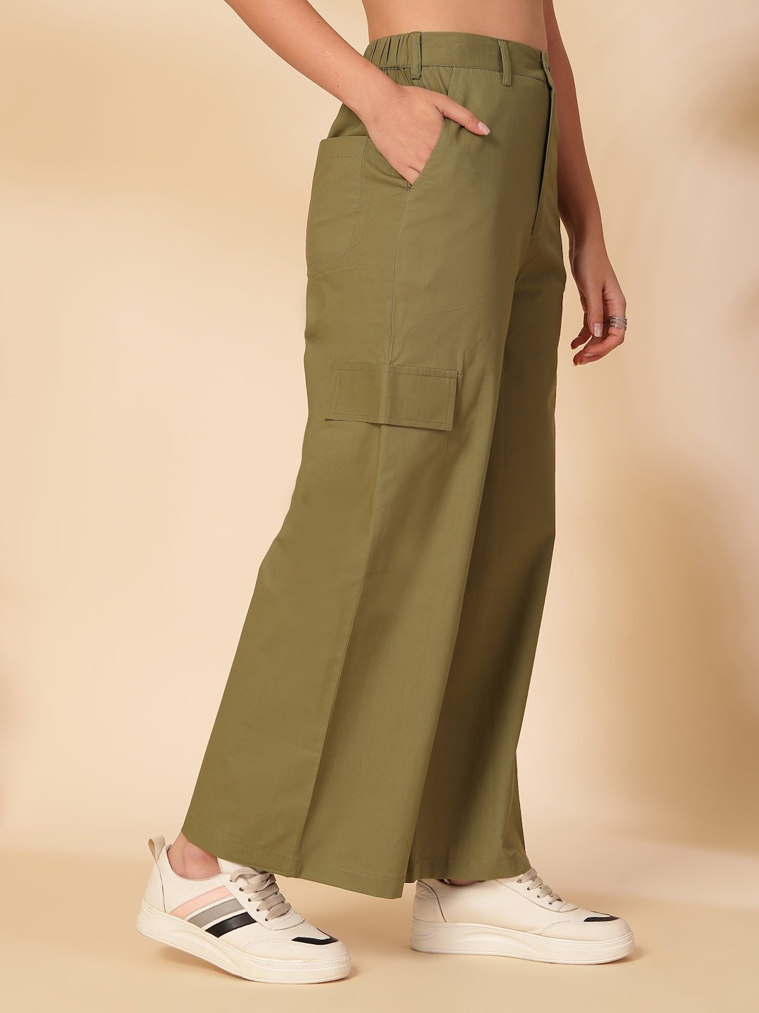 Women Regular Fit Green Pure Cotton Trousers