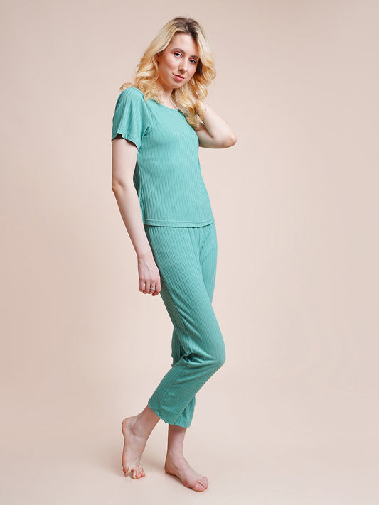 Women Top & Pyjama Set Light Green Solid