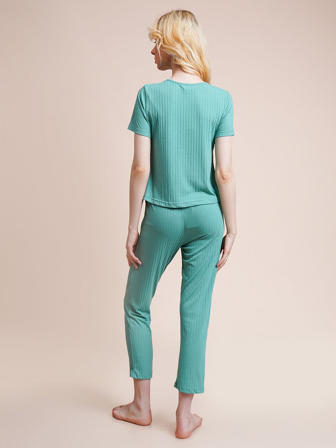 Women Top & Pyjama Set Light Green Solid