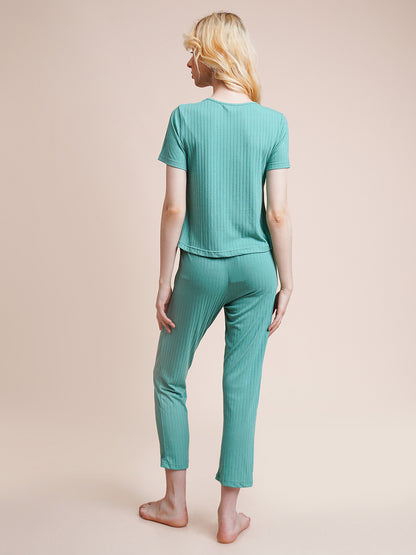 Women Top & Pyjama Set Light Green Solid