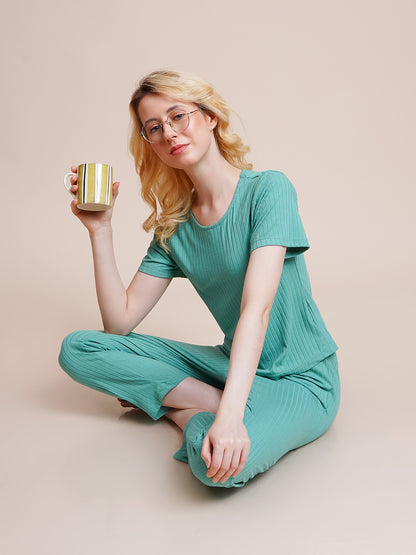 Women Top & Pyjama Set Light Green Solid