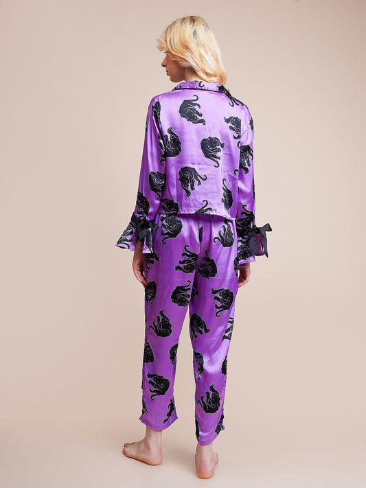 Women's Purple Printed Satin Shirt & Pyjama Night Suit Set