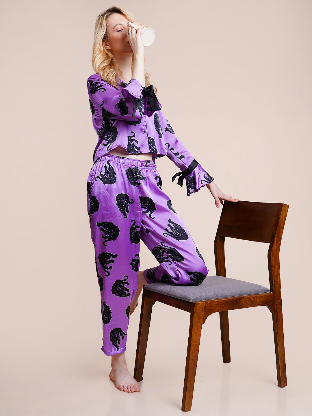 Women Shirt & Pyjama set Purple Printed