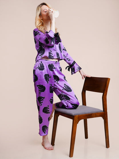 Women Shirt & Pyjama set Purple Printed