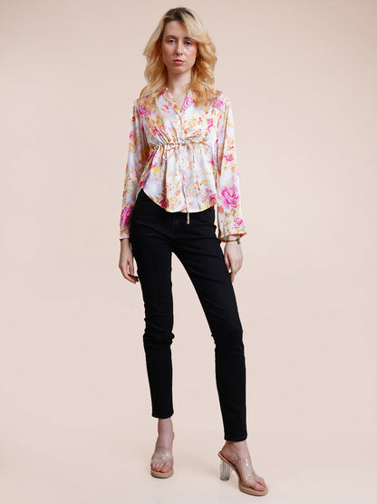 Casual Bell Sleeves Floral Print Women White Top