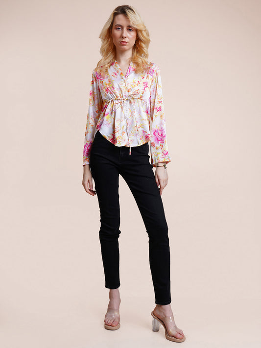 Casual Bell Sleeves Floral Print Women White Top