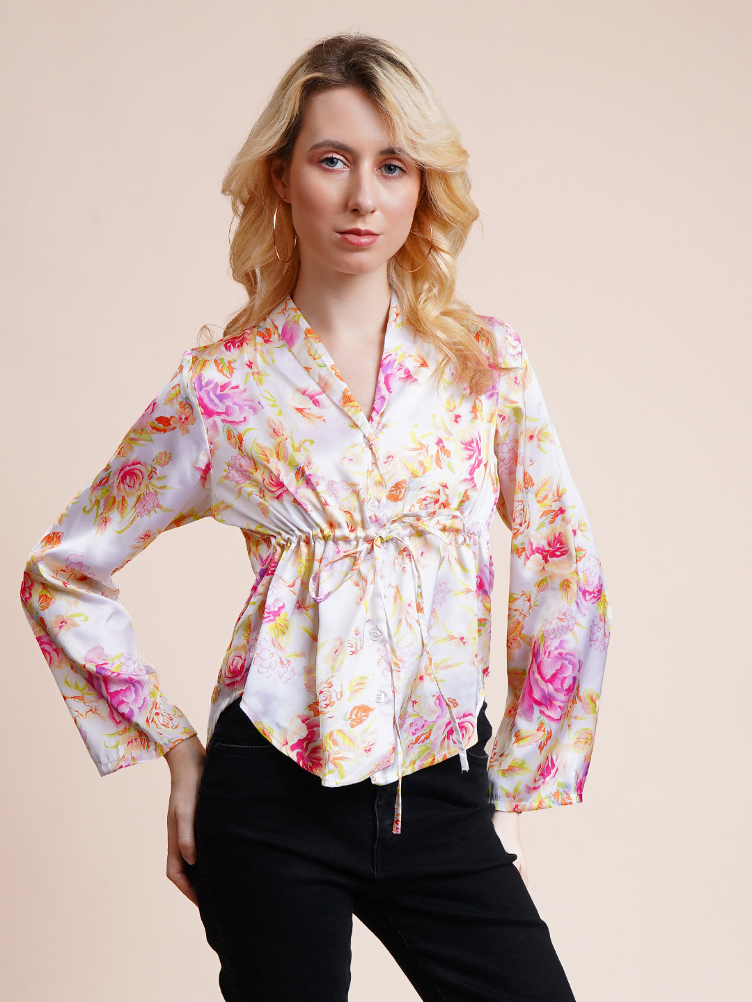 Casual Bell Sleeves Floral Print Women White Top