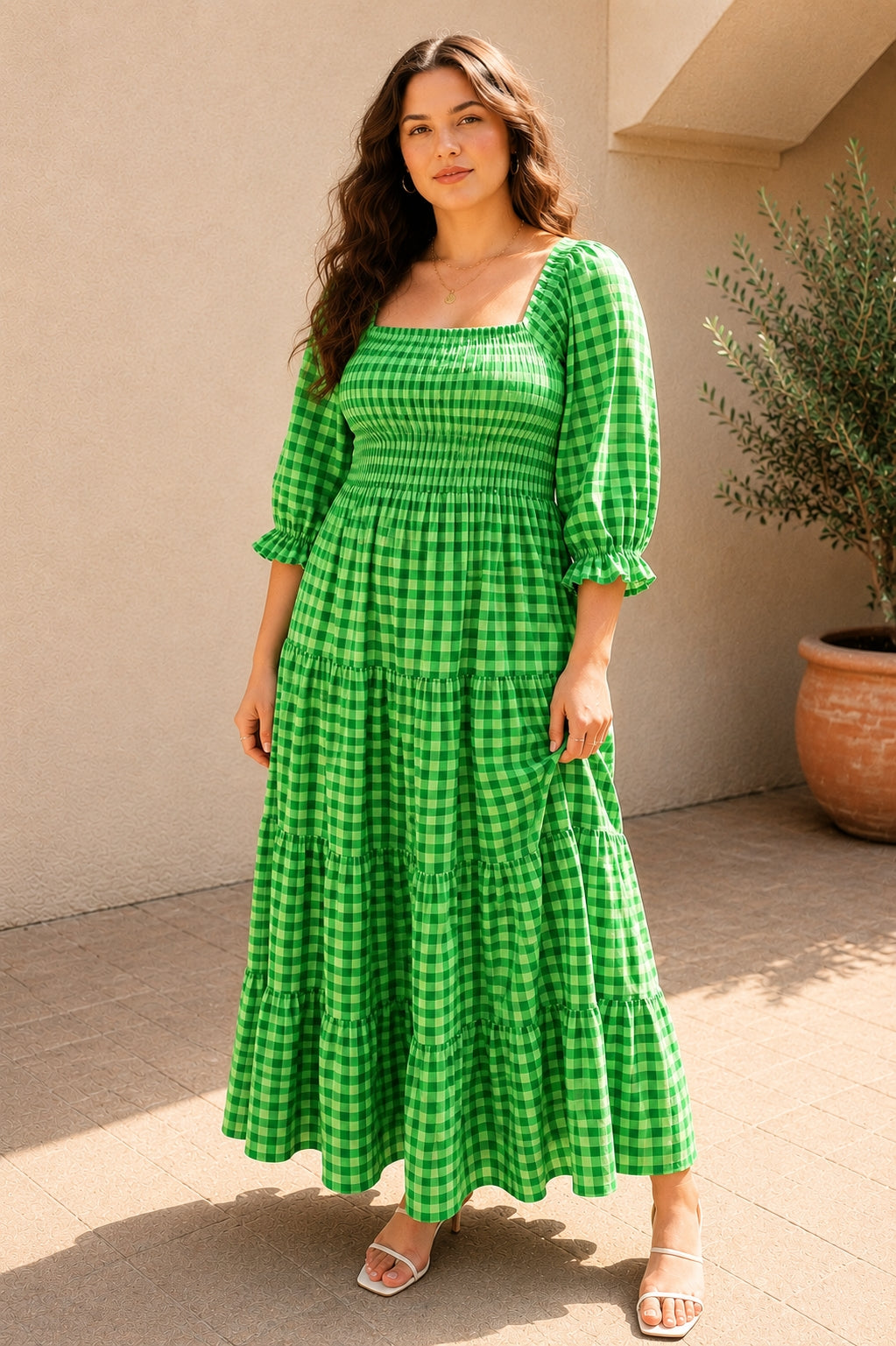 Women Tiered Green Maxi/Full Length Dress