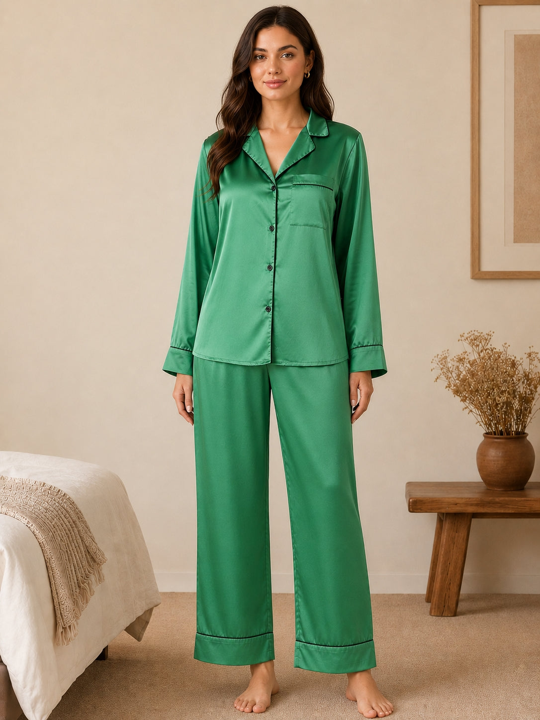 Women Shirt & Pyjama set Green Solid