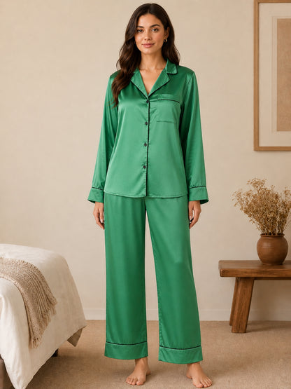 Women Shirt & Pyjama set Green Solid