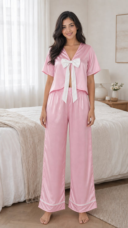 Women Top & Pyjama Set Pink Solid