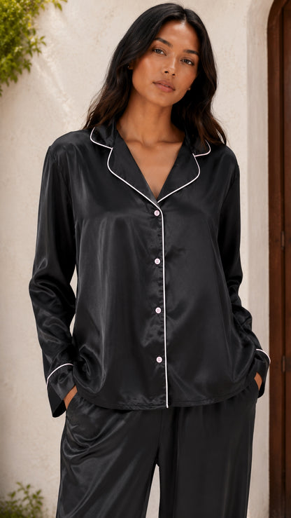 Women Shirt & Pyjama set Black Graphic Print