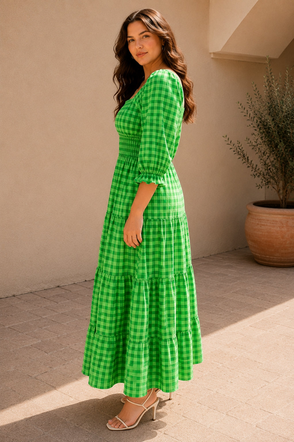 Women Tiered Green Maxi/Full Length Dress